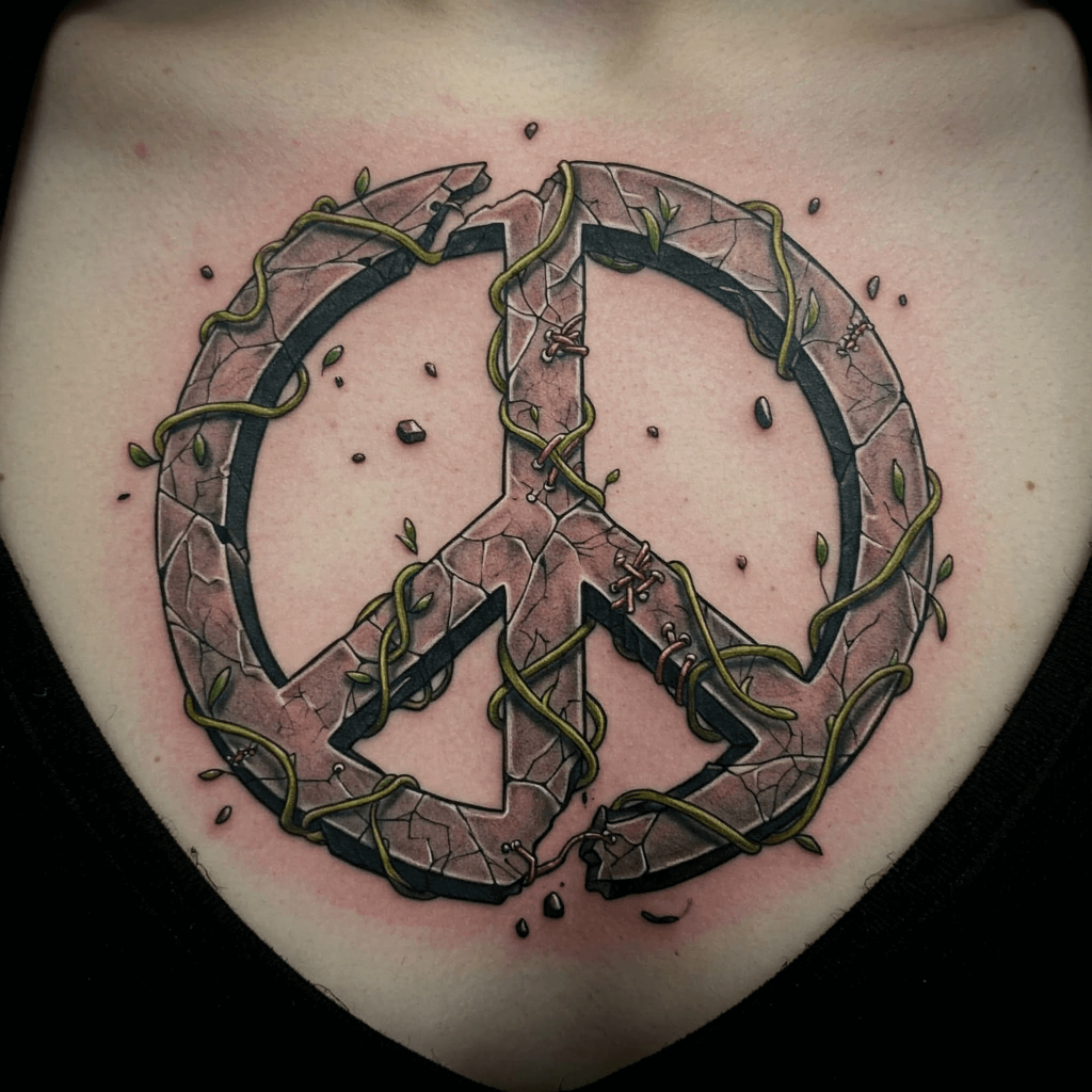 Broken Peace Sign with Healing Elements on the Chest