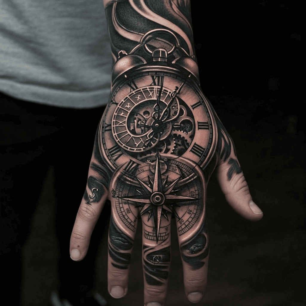 Clock and Compass Full Hand Tattoo