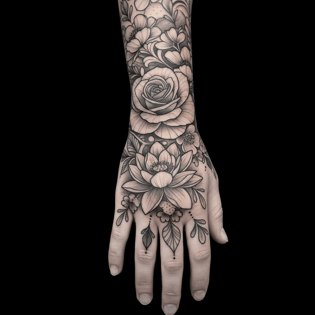 Floral Full Hand Tattoo