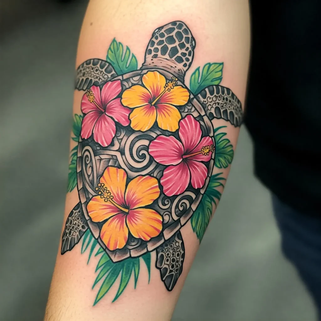 Hawaiian Turtle with Hibiscus Flowers