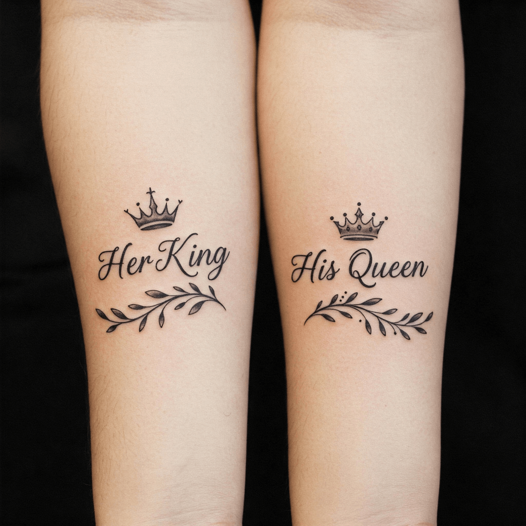"Her King" and "His Queen" Script Tattoos