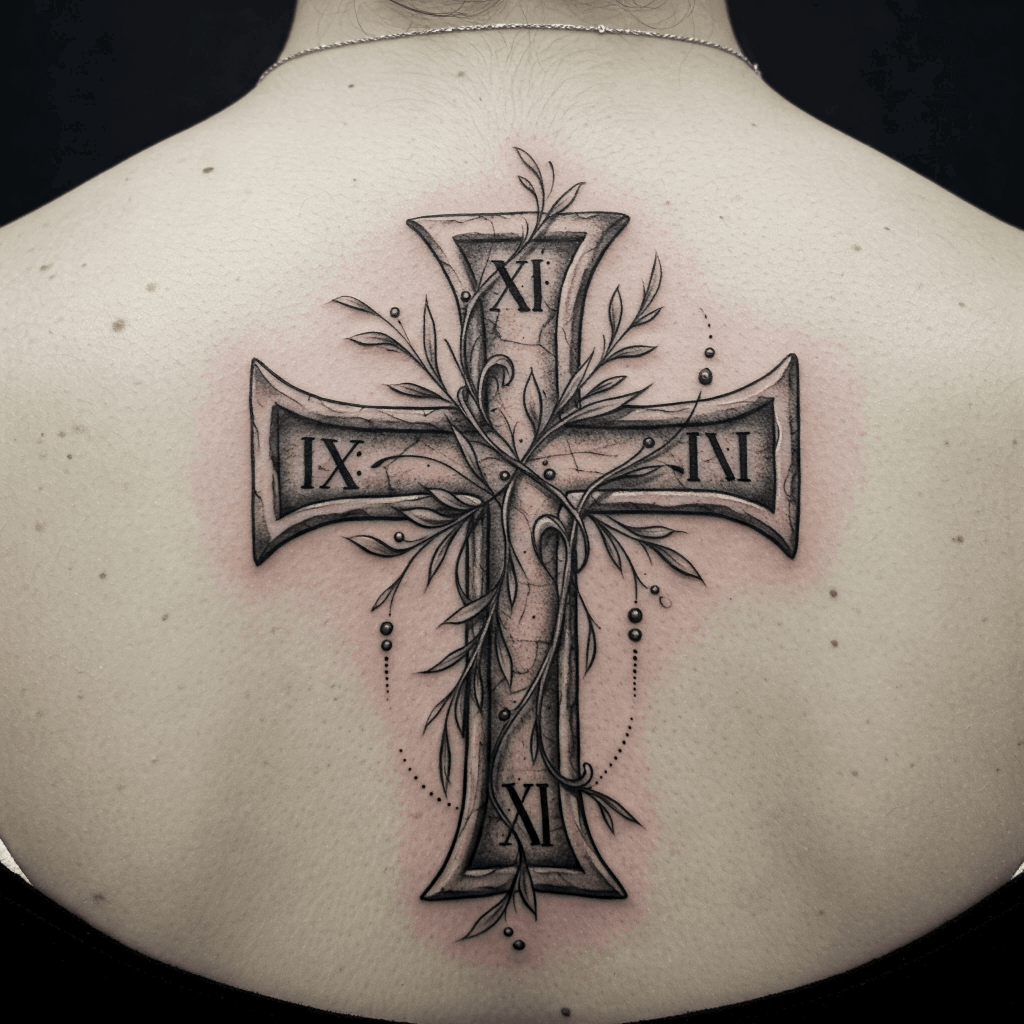 Roman Numeral Cross Design on Upper Back