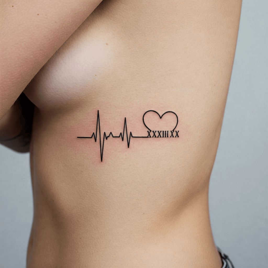 Roman Numeral Heartbeat Tattoo on Side Rib