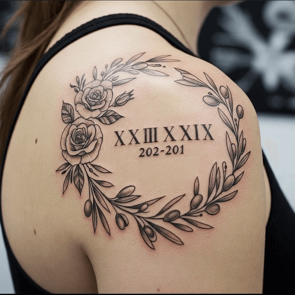 Roman Numerals in Floral Wreath on Shoulder