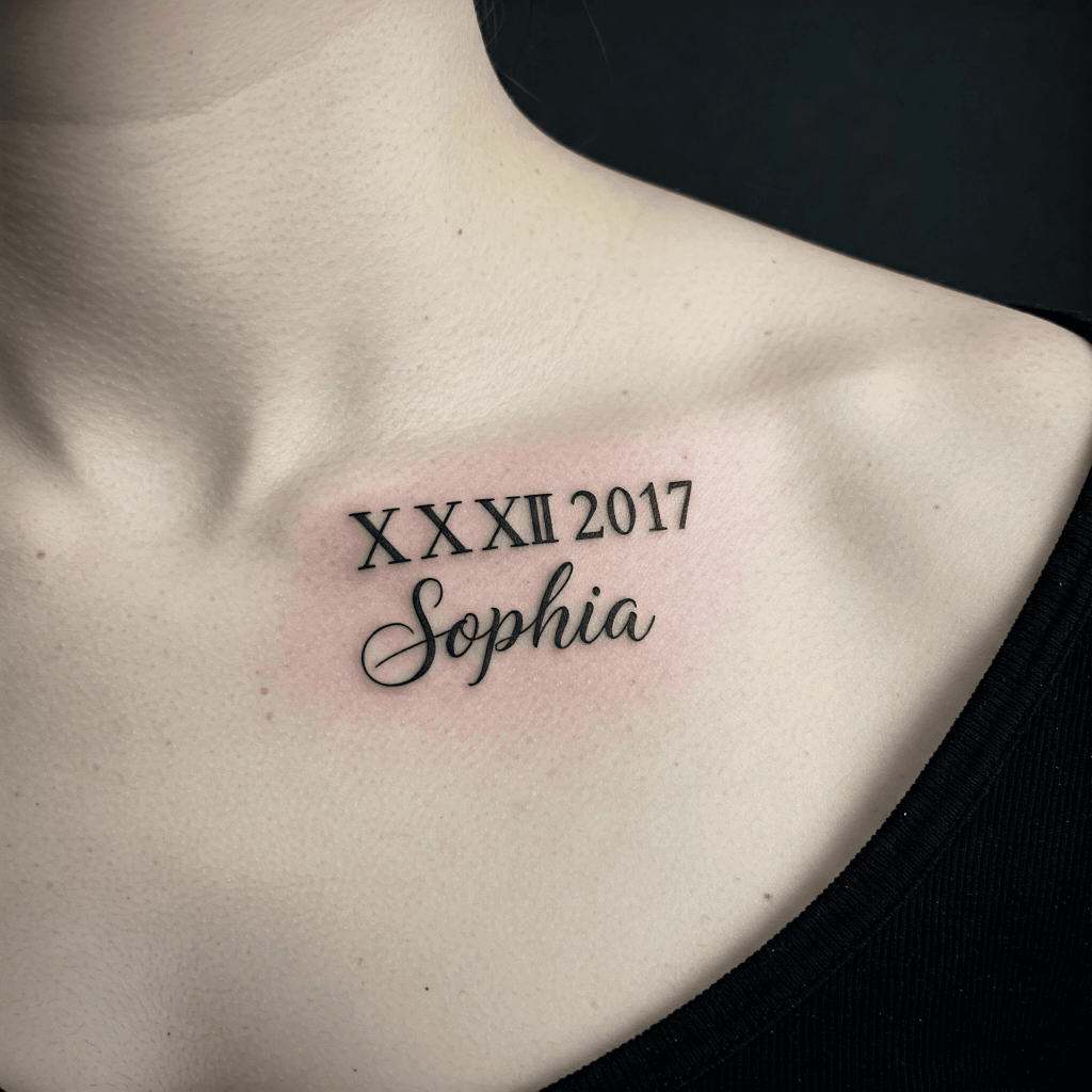 Roman Numerals with Name Under Collarbone