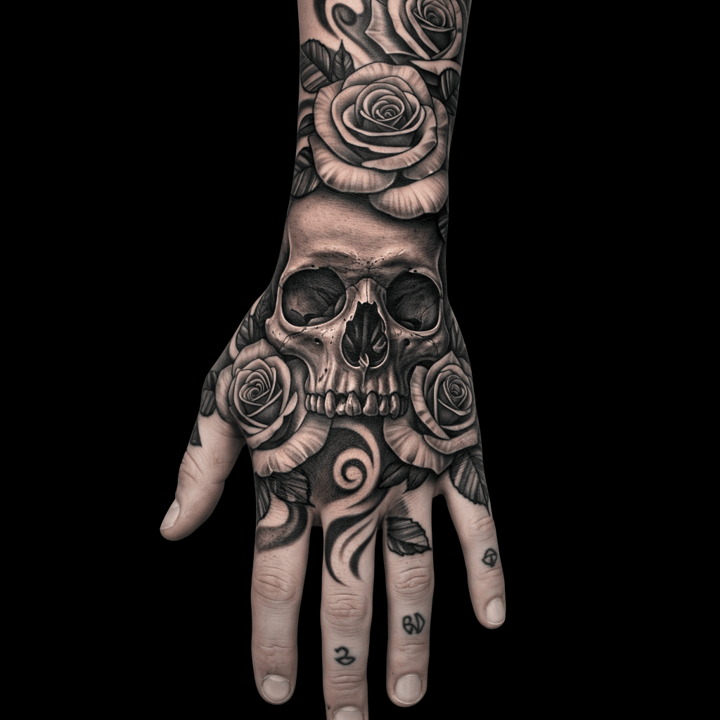 Skull and Roses Full Hand Tattoo
