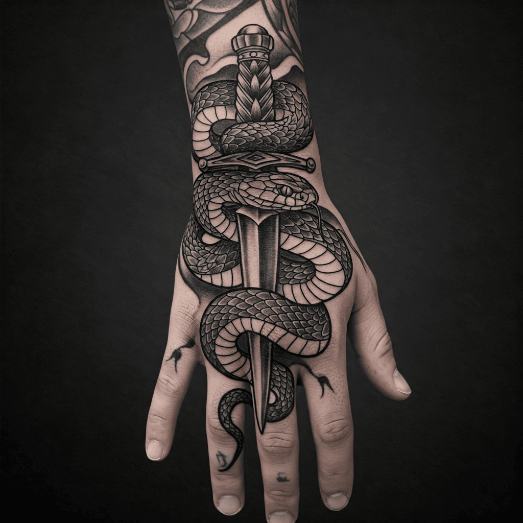 Snake and Dagger Full Hand Tattoo