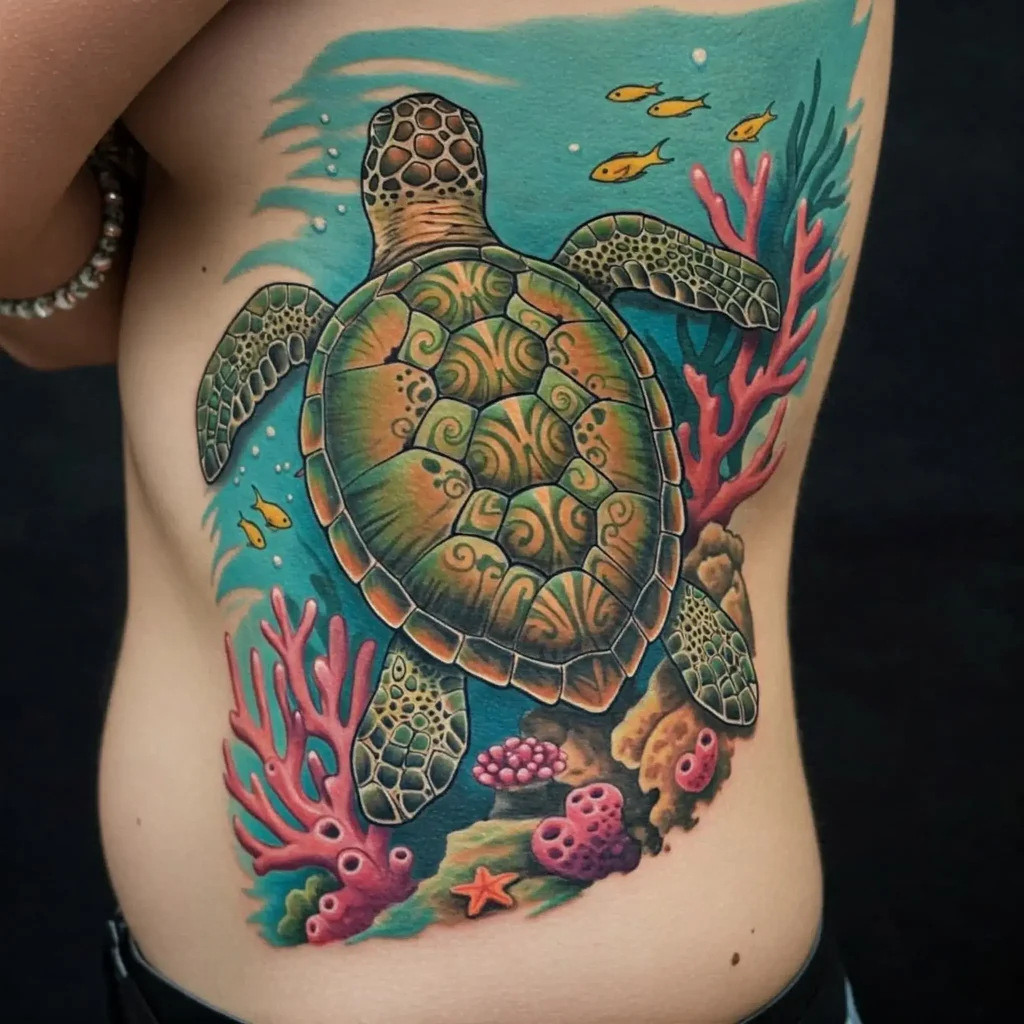 Turtle Climbing Coral Reef