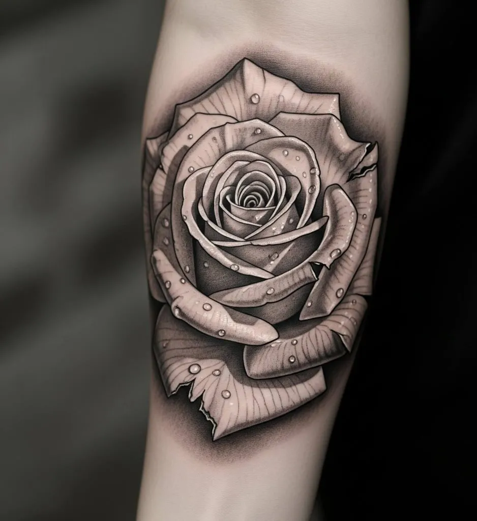 Black and Grey Realistic Rose on the Forearm