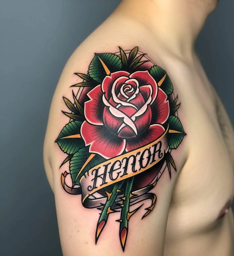 Neo-Traditional Rose with Bold Lines and Color