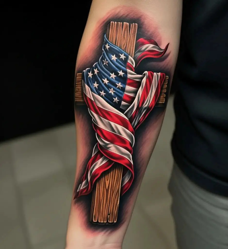 American Flag and Cross Tattoo
