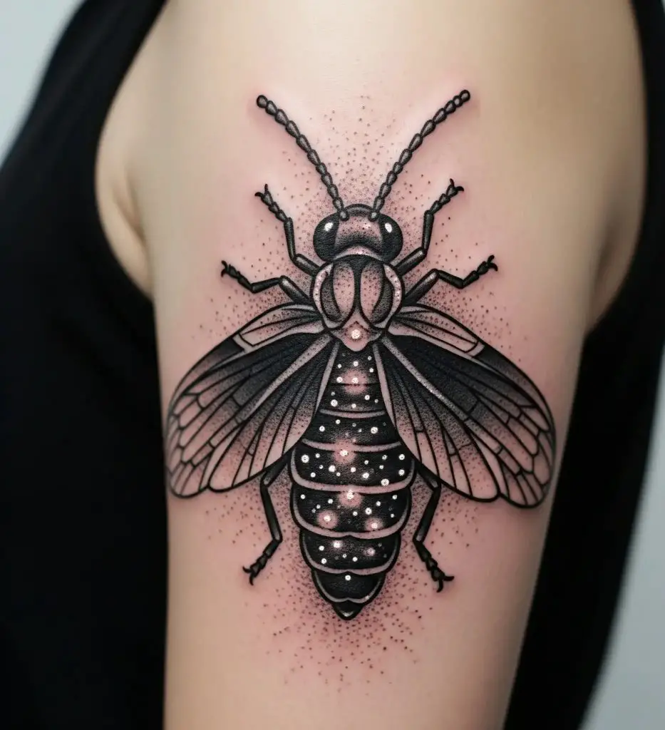 Blackwork Firefly with Glow Dotwork