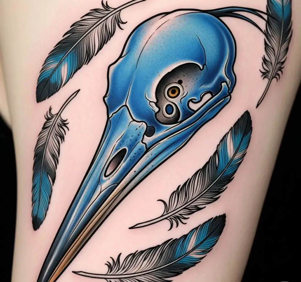 Blue Heron Skull and Feathers