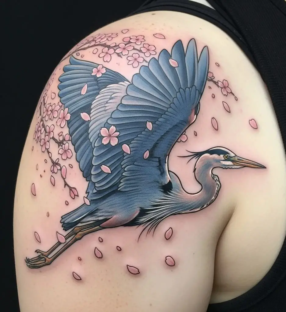 Blue Heron and Cherry Blossoms