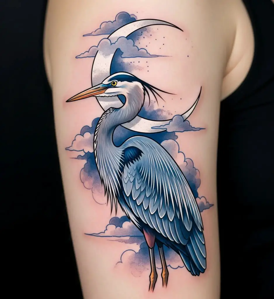 Blue Heron and Crescent Moon
