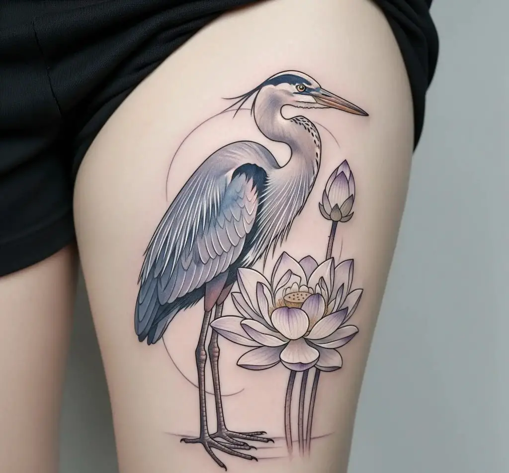 Blue Heron with Lotus Flower
