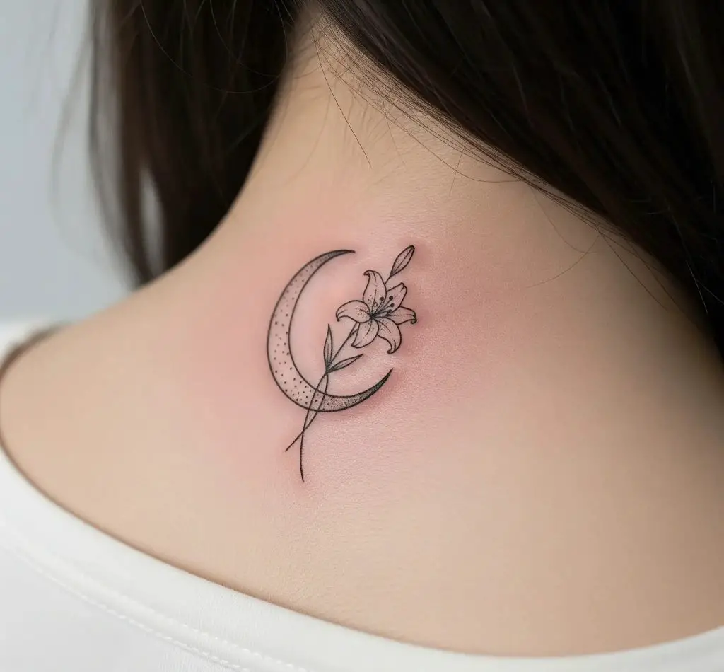 Crescent Moon with a Small Lily on the Back of the Neck