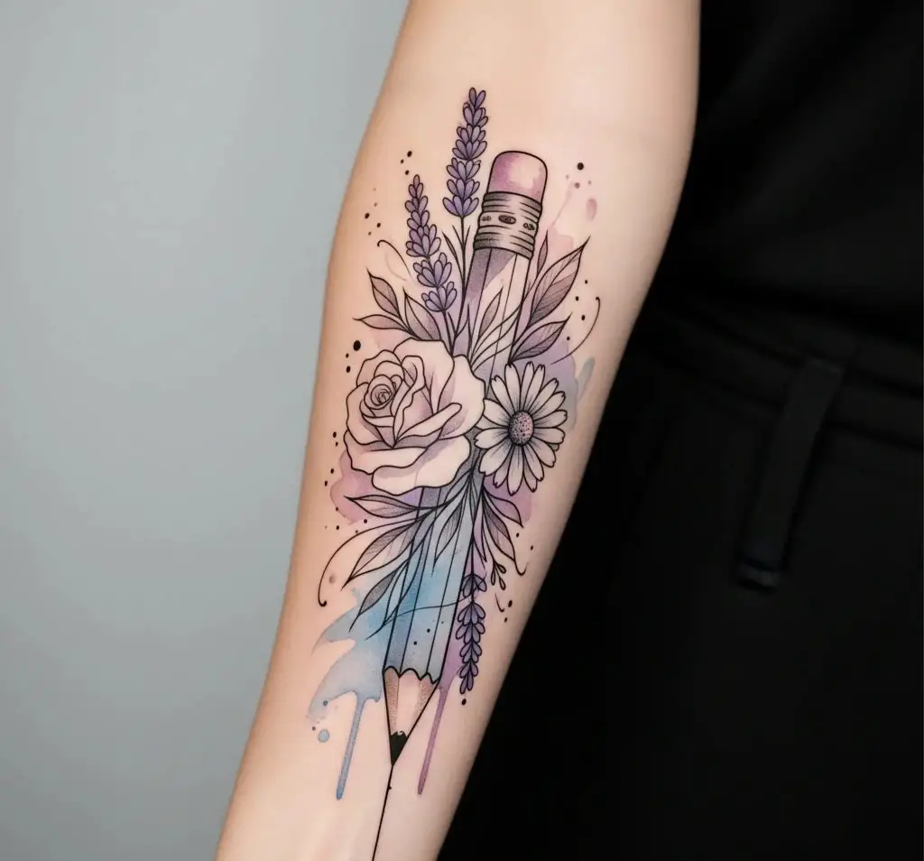 Pencil With Flowers Tattoo