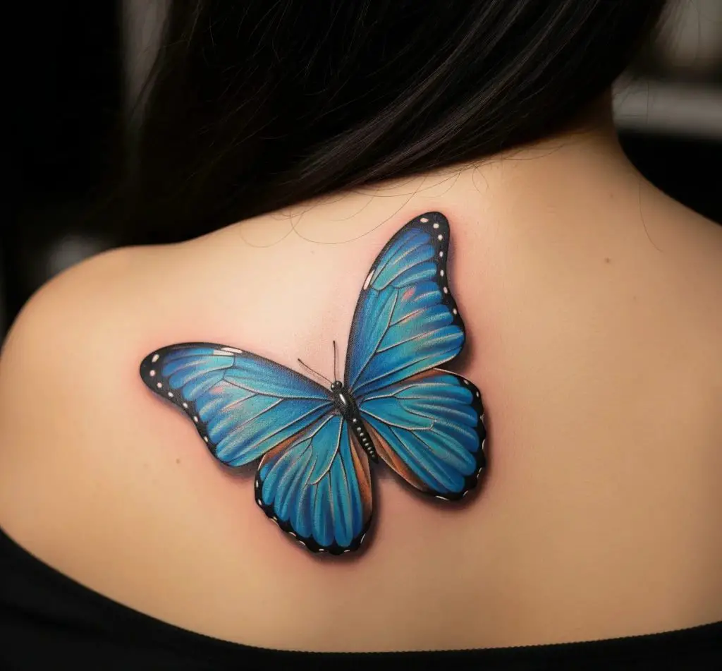 Realistic Blue Butterfly on Shoulder