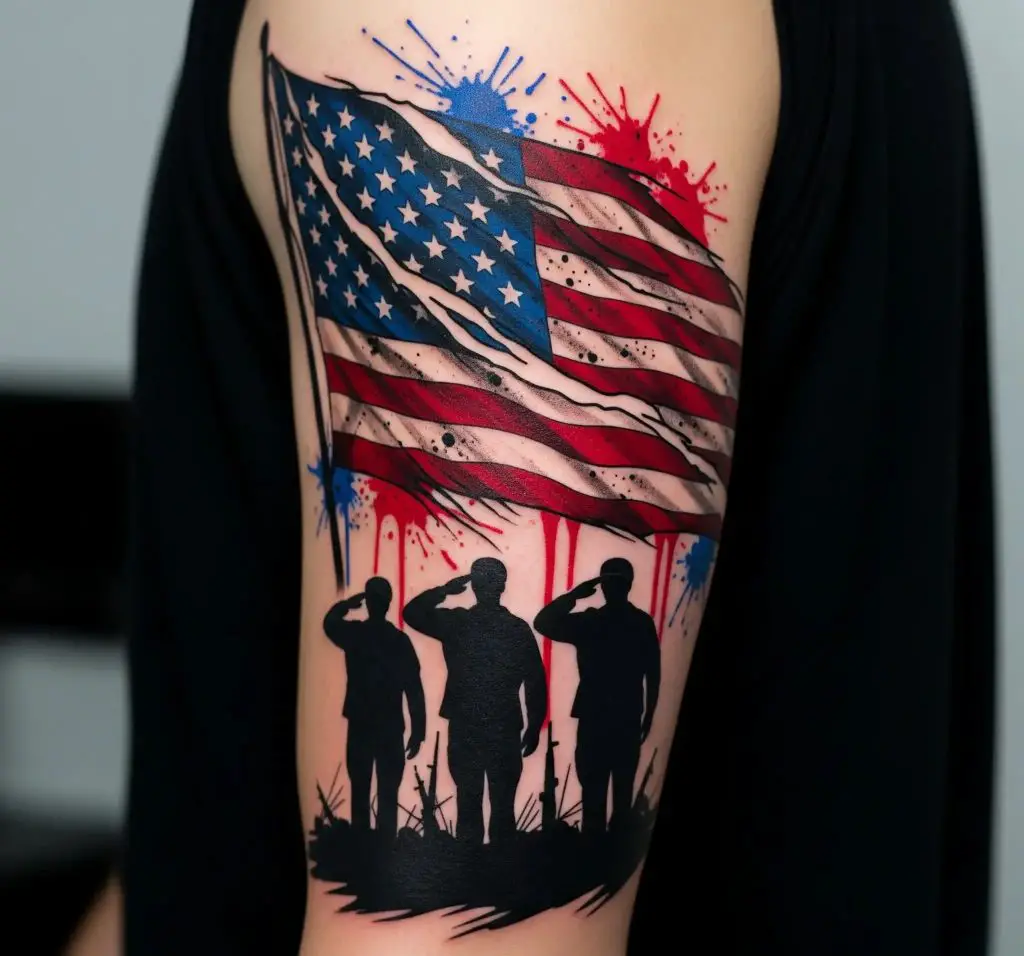 Tattered Flag with Soldiers Silhouette