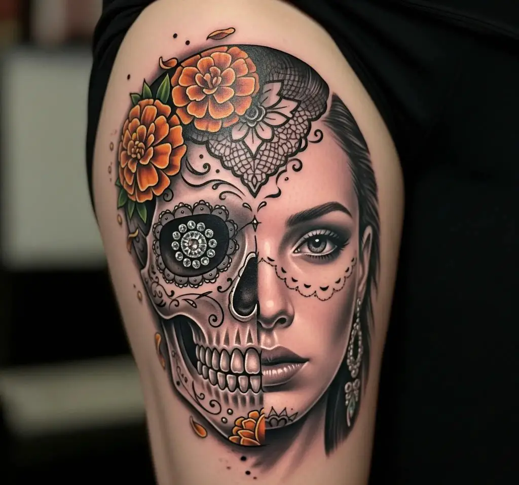 Half Sugar Skull, Half Woman’s Face