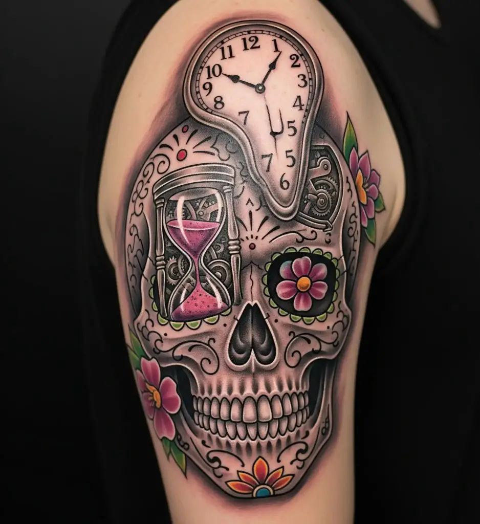 Sugar Skull with Clock or Hourglass