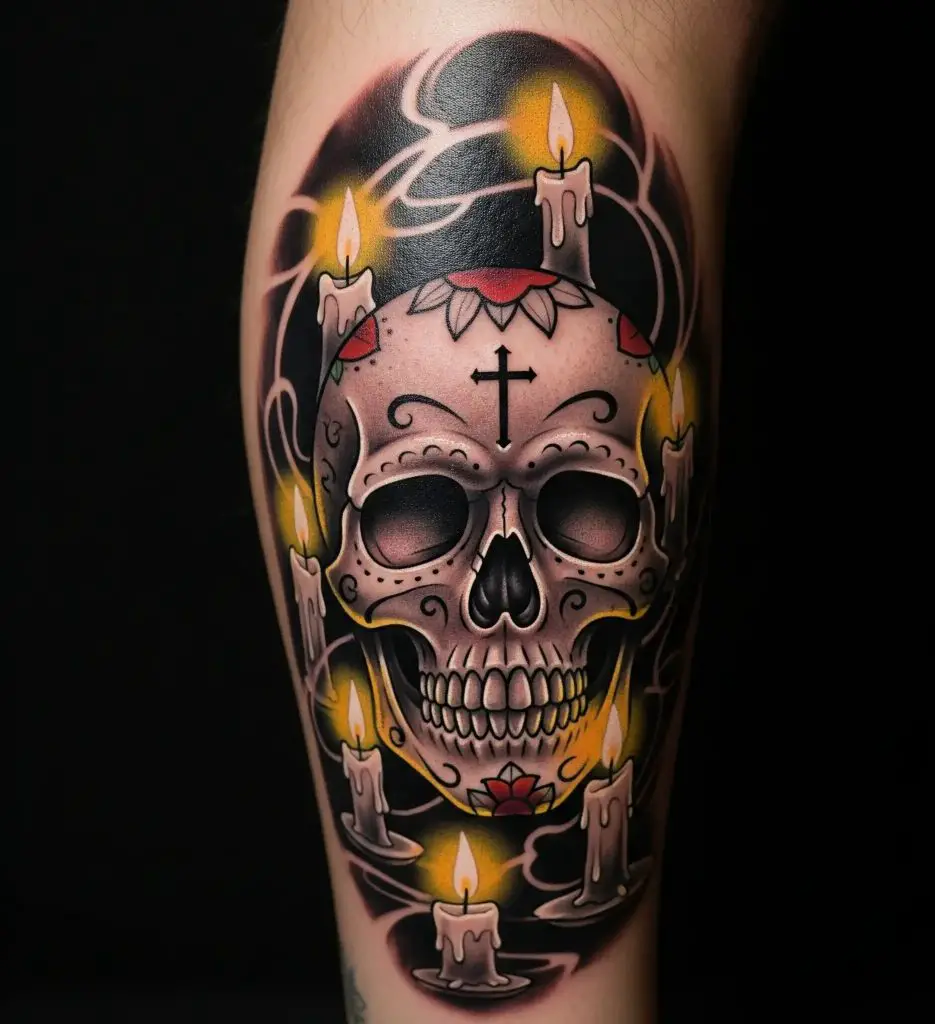 Sugar Skull with Cross and Candles