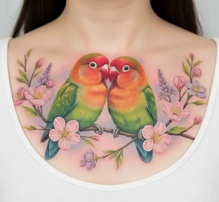 Two Lovebirds Perched on a Branch (Chest or Upper Back)