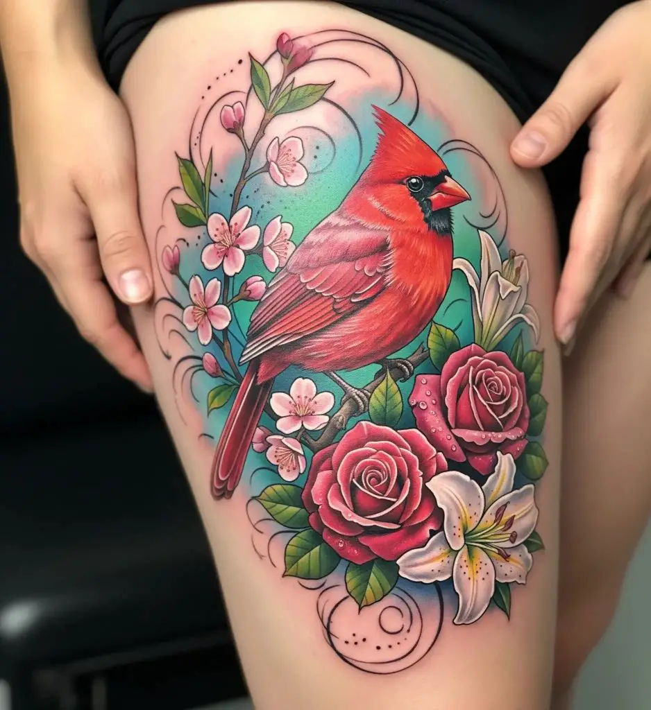 Cardinal with Flowers