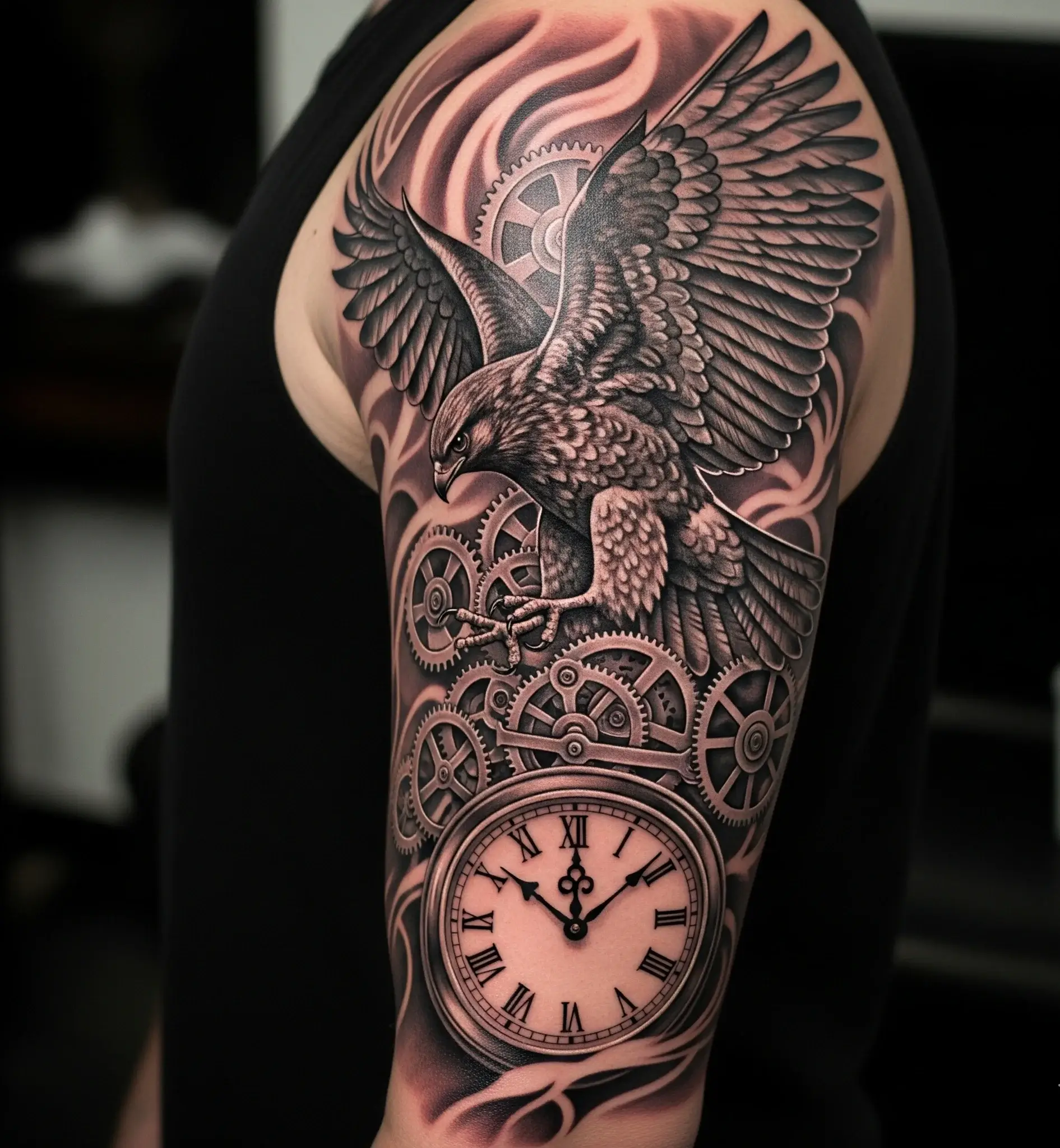 Hawk and Clock Tattoo