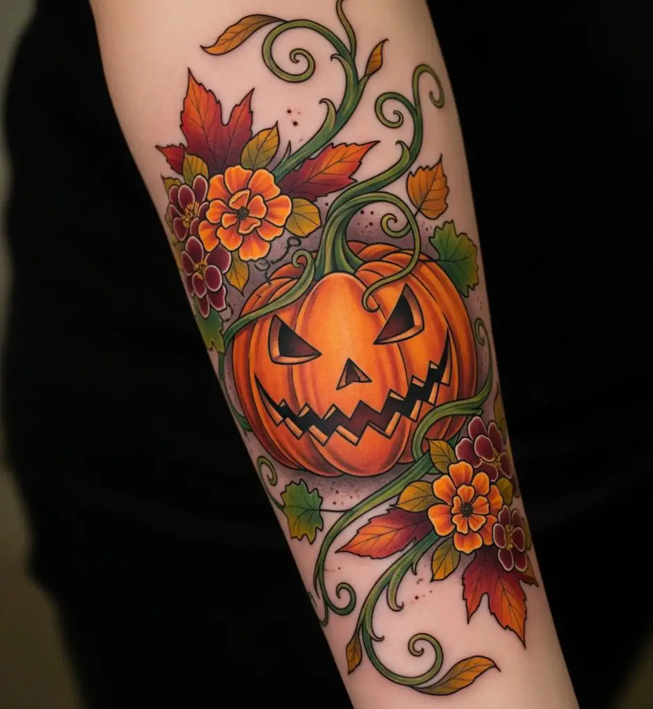 Jack-o’-Lantern with Vines and Flowers