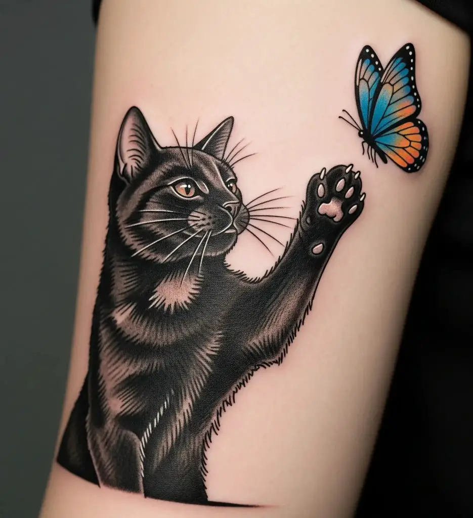 Playful Black Cat Pawing at a Butterfly