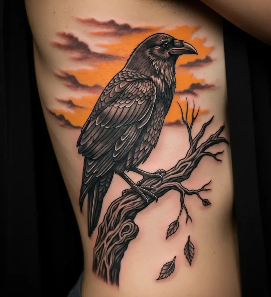 Raven on a Branch Tattoo