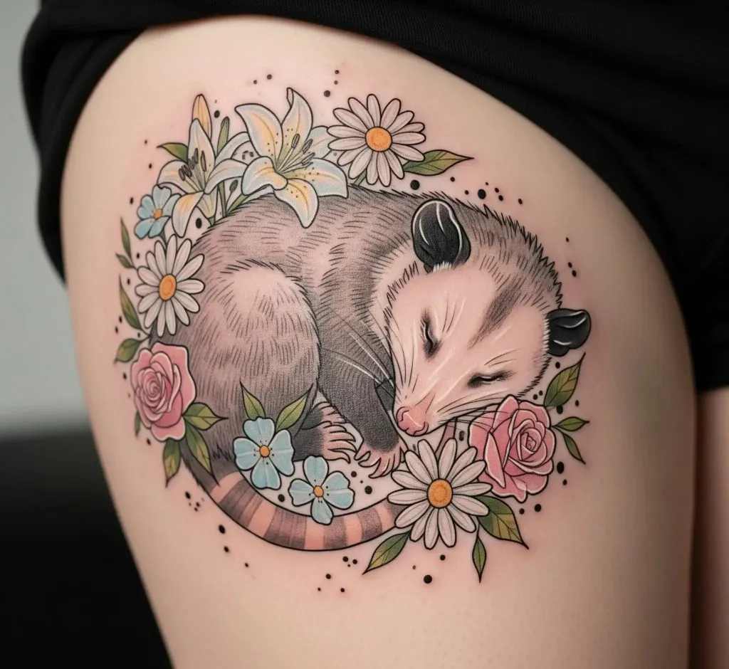 Sleeping Opossum in Flowers
