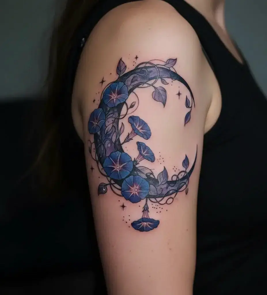 Crescent Moon With Morning Glories