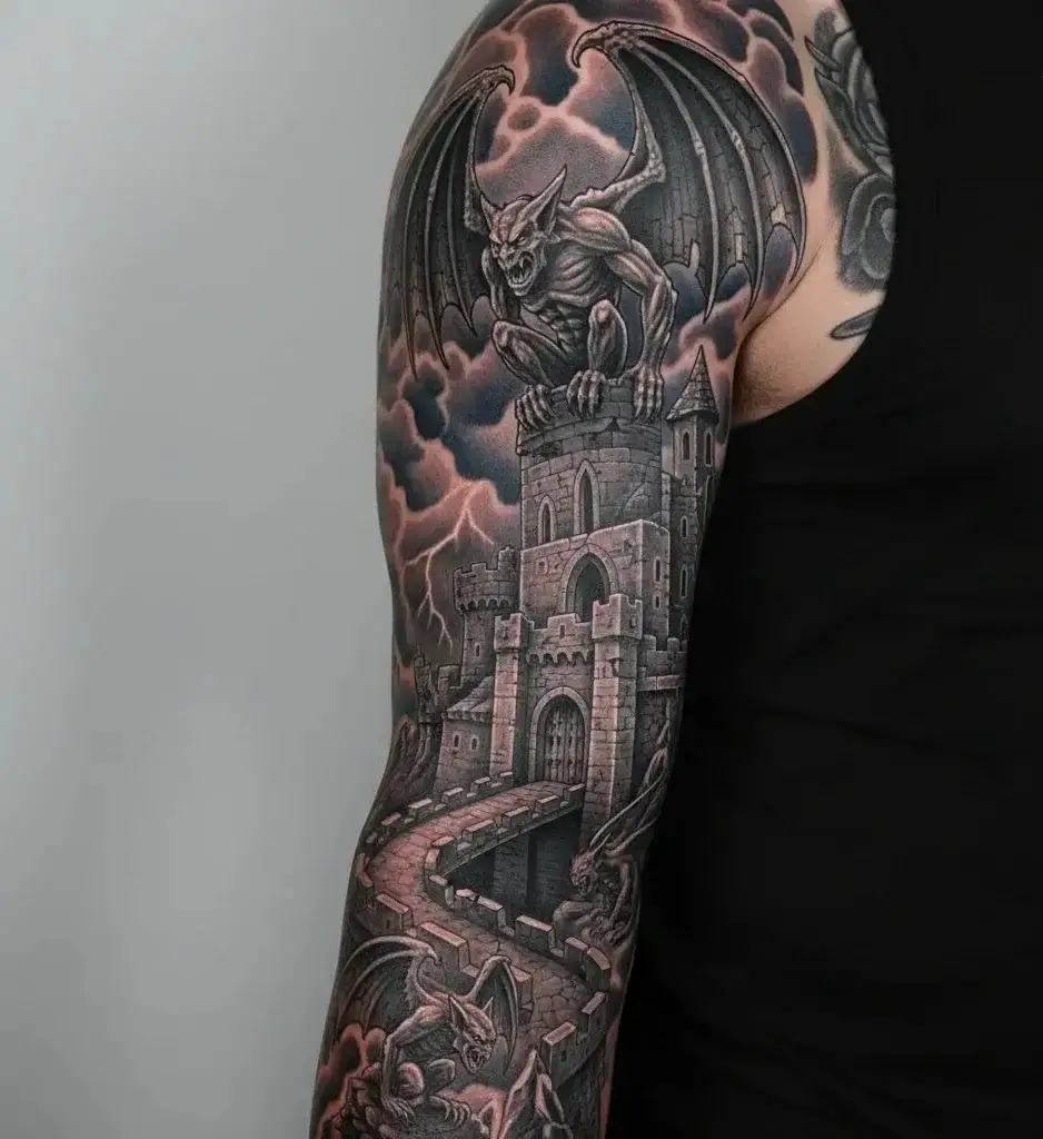 Full Sleeve Gargoyle and Castle Scene