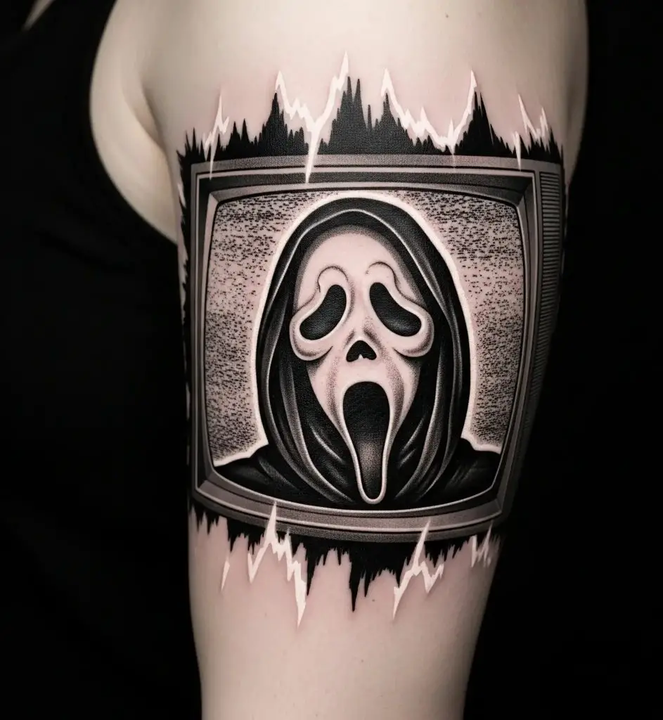 Ghostface in a TV Static Frame