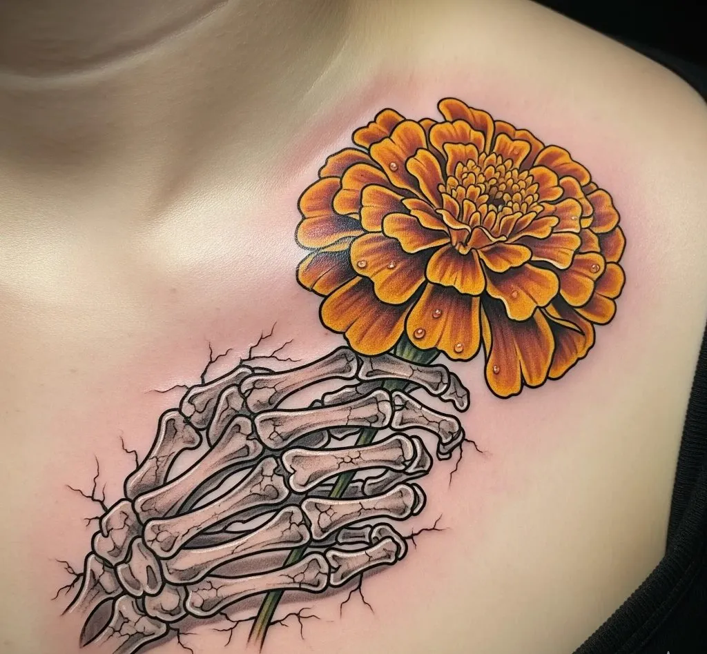 Skeletal Hand Holding a Marigold