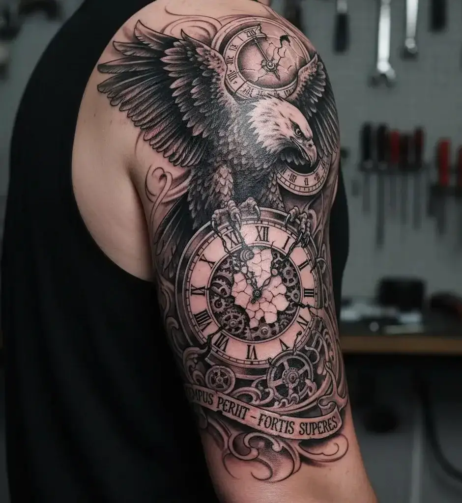 Eagle and Clock Tattoo
