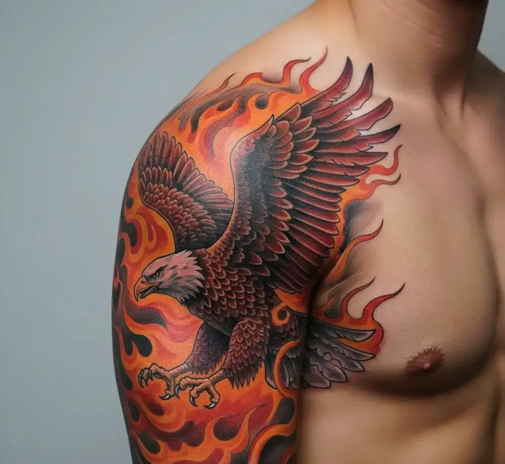 Eagle in Flight with Flames