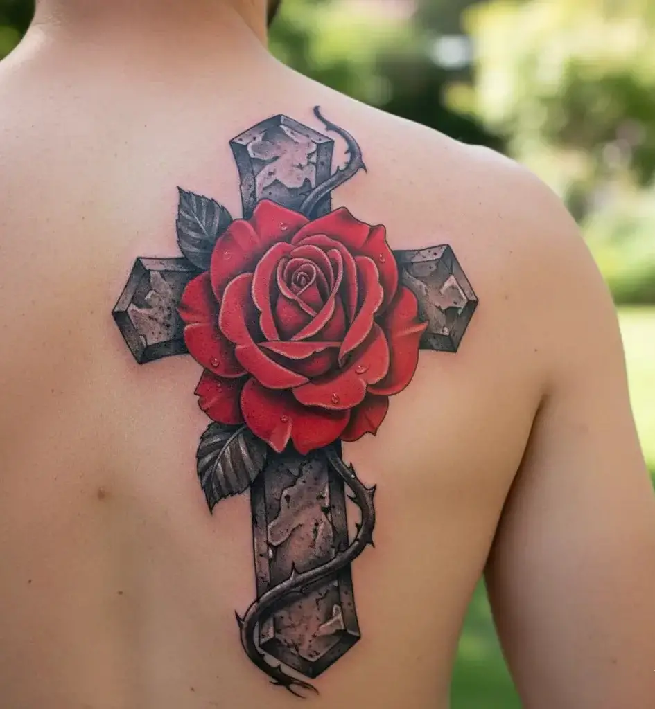 Red Rose Cross Tattoo