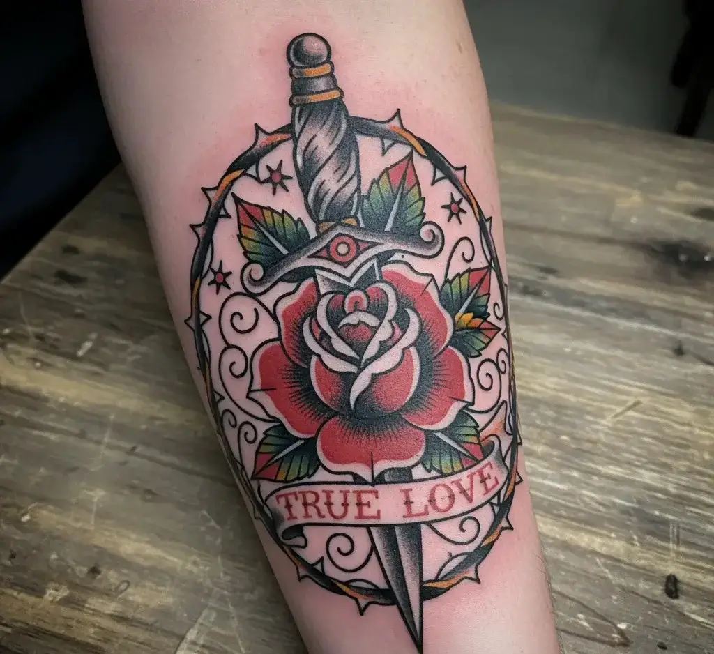 Red Rose and Dagger Tattoo