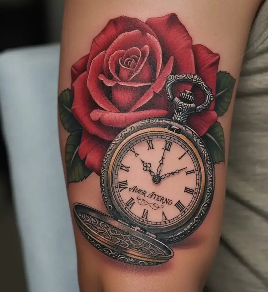 Red Rose with Clock or Pocket Watch