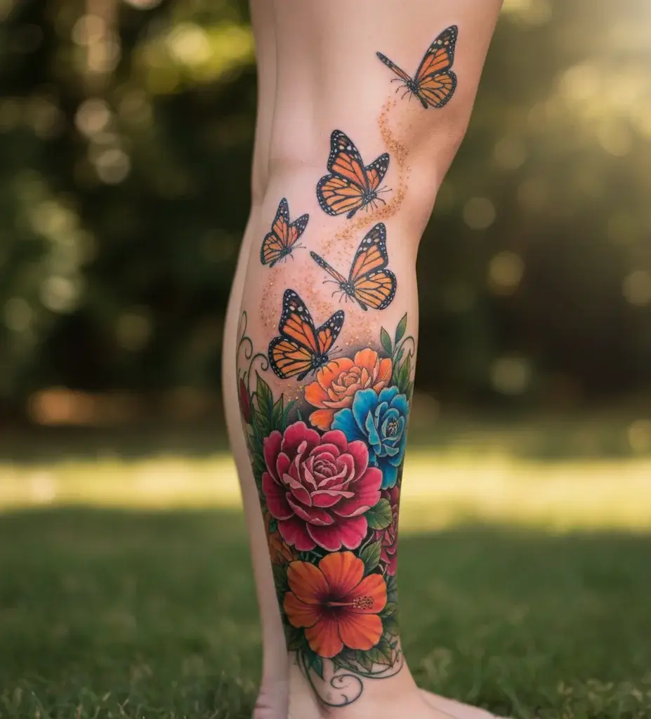 Butterfly and Flower Leg Tattoo