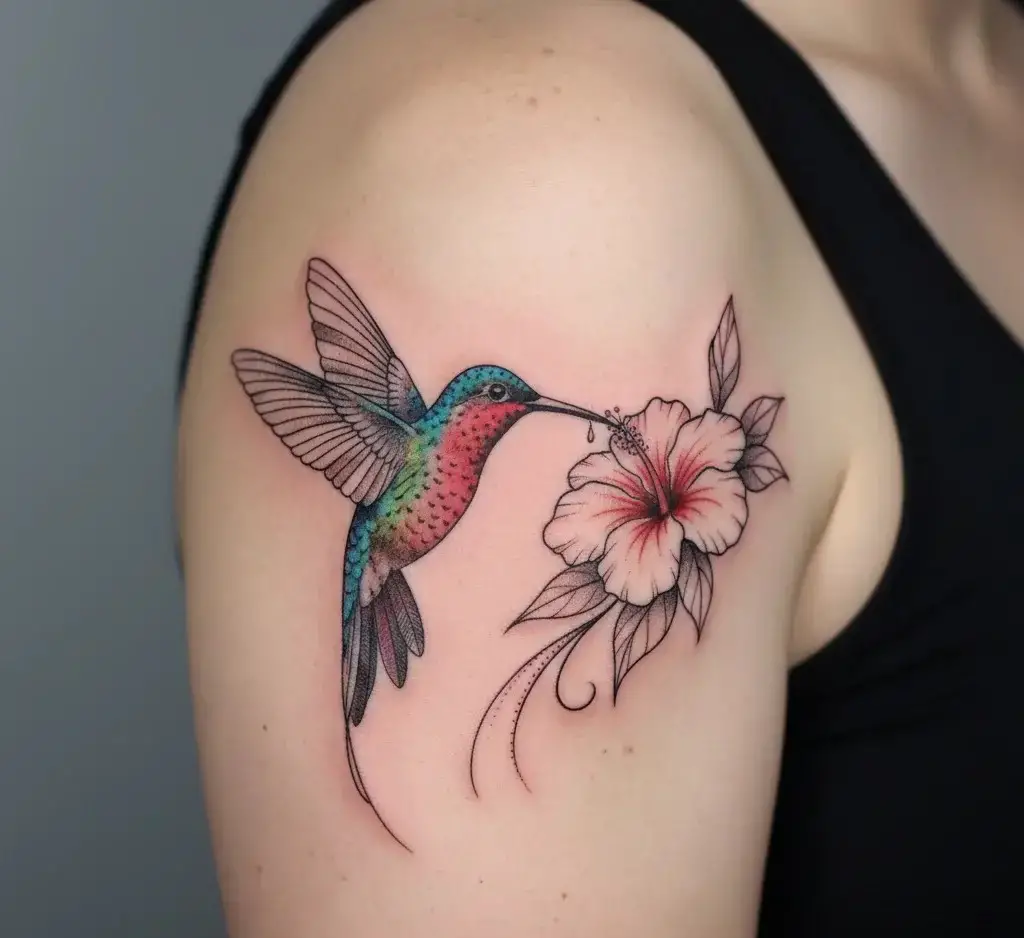 Flying Hummingbird with Flower