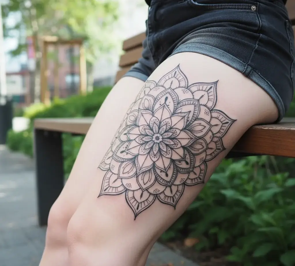 Mandala Flower Leg Tattoo