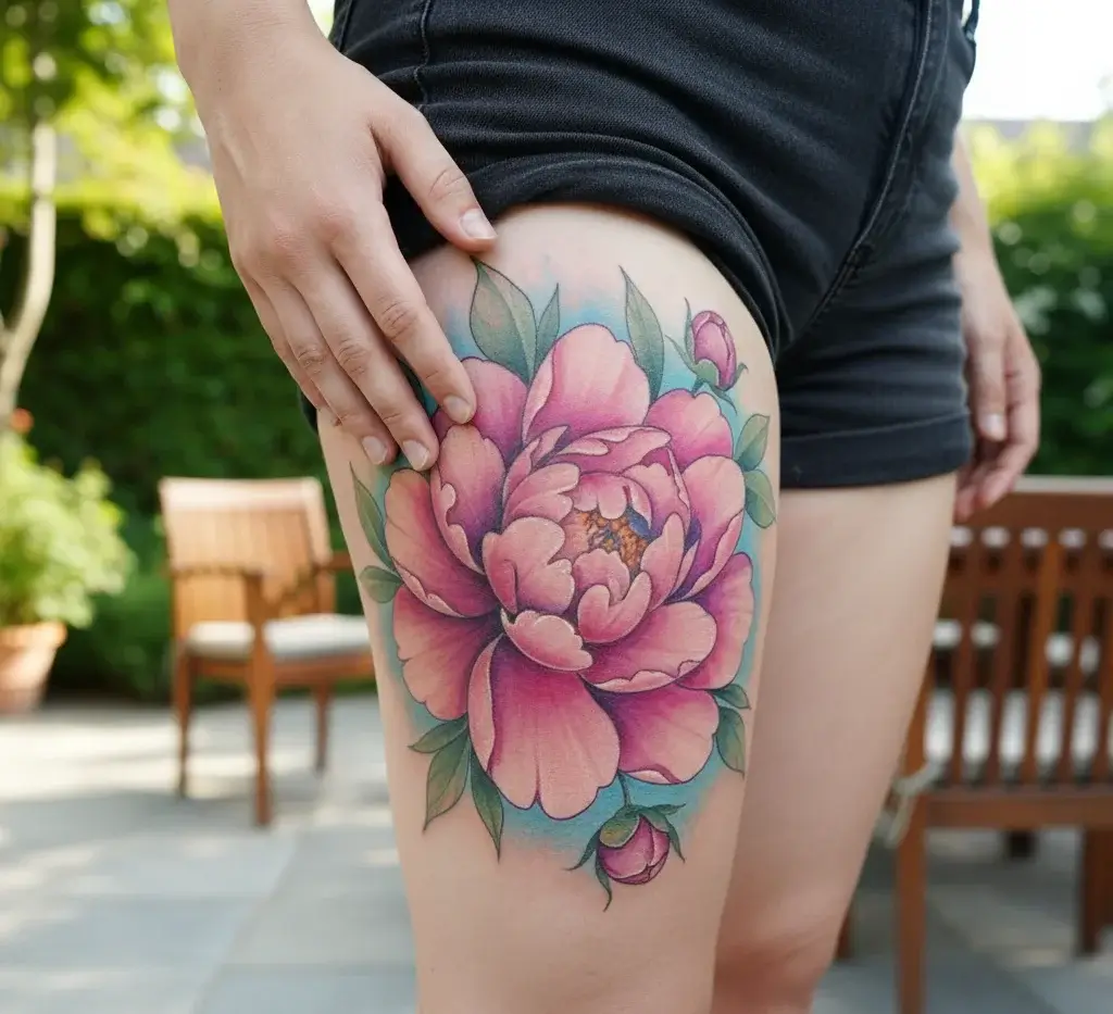 Peony Thigh Tattoo