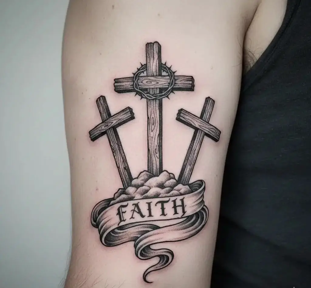 Three Crosses with Banner