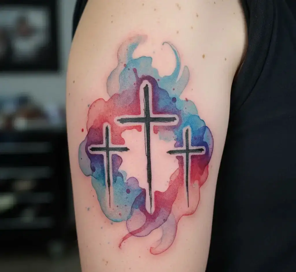 Three Crosses with Watercolor Splash