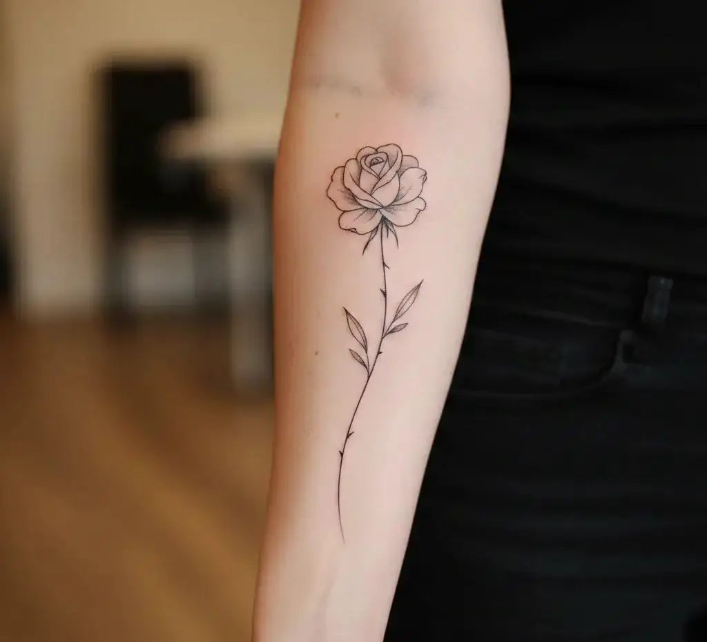 Fine-Line Rose Stem Tattoo